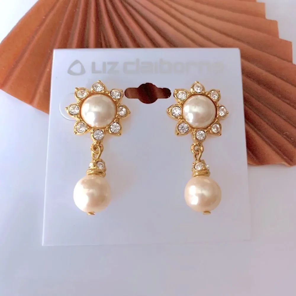 Liz Claiborne Pearl Rhinestone Drop Earrings